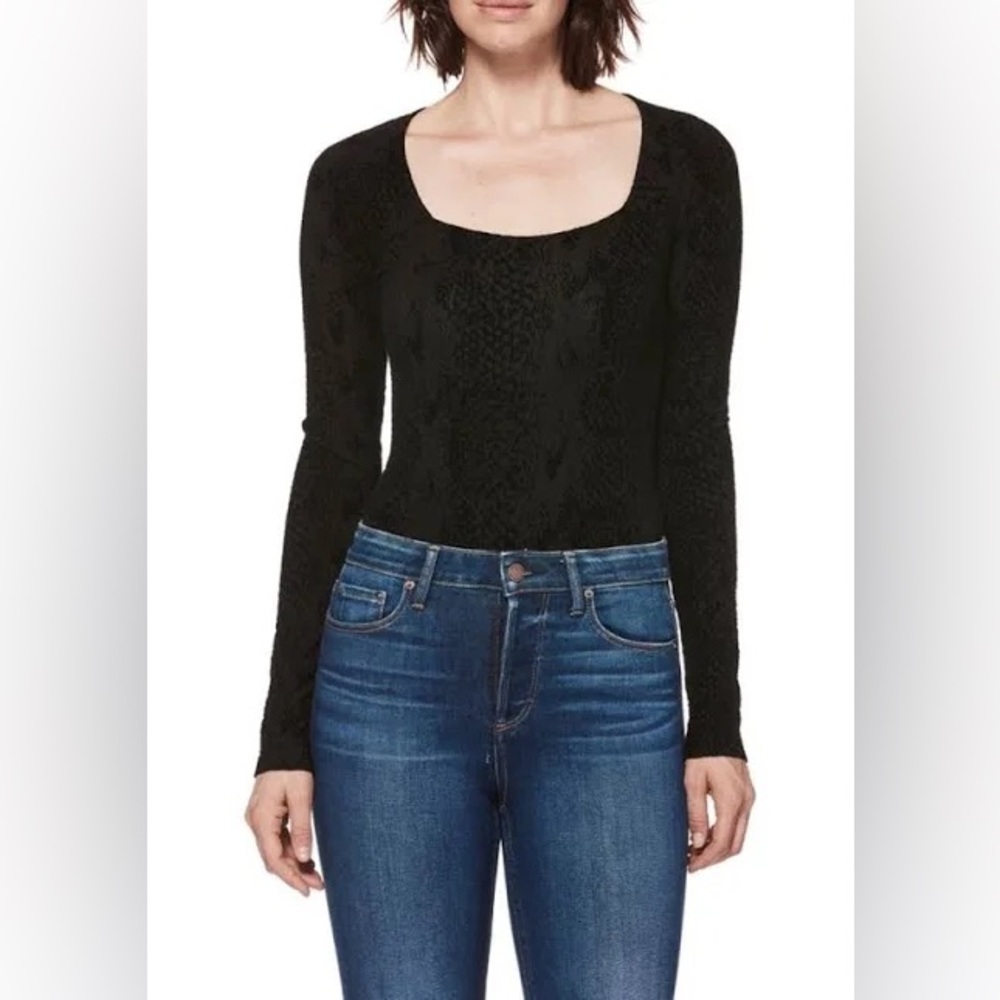 Paige Carina Velvet Snake Print Long Sleeve Square Neck Black Bodysuit Size S